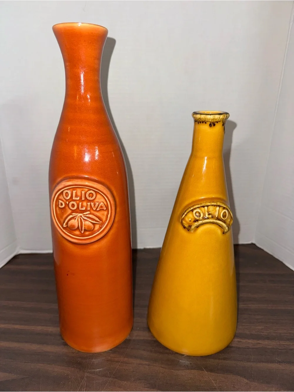 Vintage Crate & Barrel Orange/Yellow Large Olive Oil Bottles Stoneware